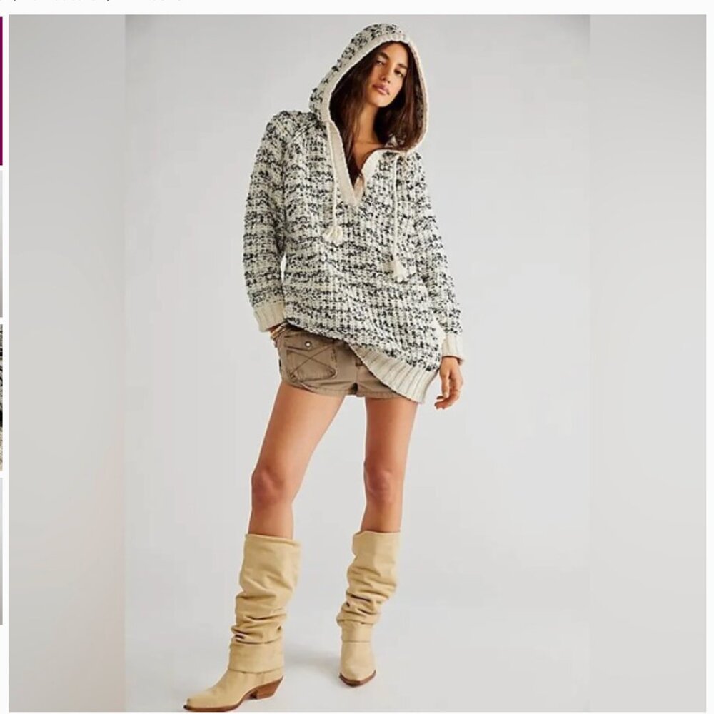FREE PEOPLE Never Leaving Black and Cream V-Neck Hoodie Chunky Sweater size S